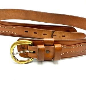 Vintage Bianchi Ranger Belt 38-42 Brown Leather Solid Brass Buckle Western Boho